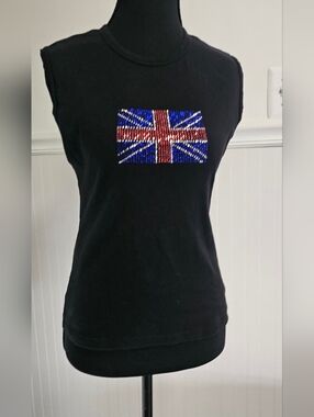 Hurley Black Sleeveless Top with Rhinestone Union Jack L (Small Fit, so S, M, L)